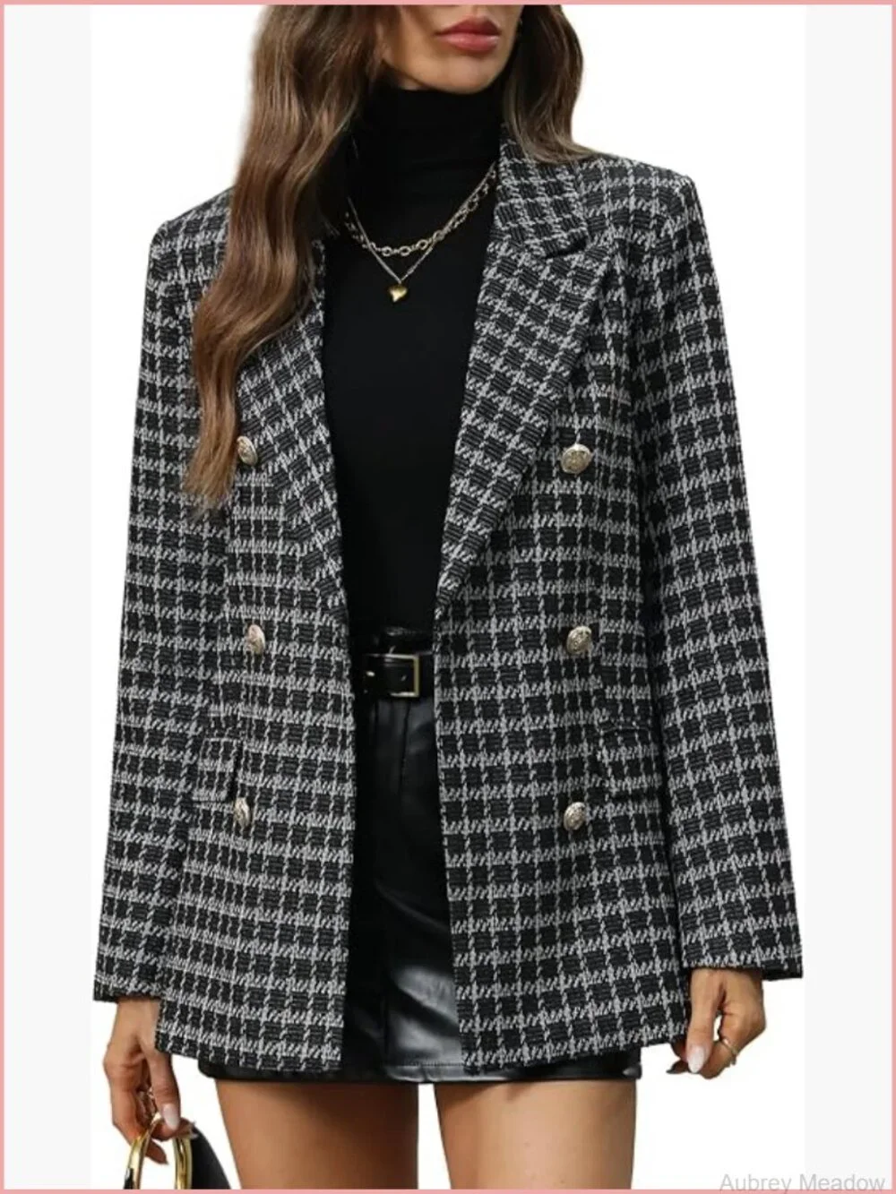 Womens Oversized Plaid Tweed Blazer Boyfriend Style Double Breasted